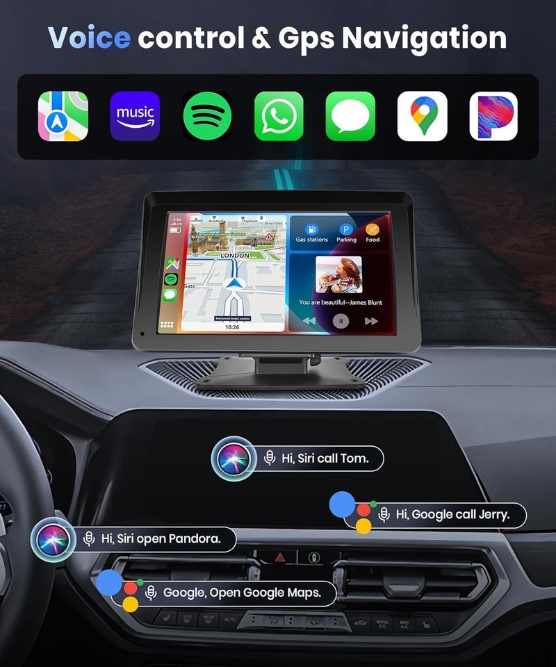 Podofo Portable Car Stereo Wireless Carplay Android Auto,7 Inch Touch Screen Car Radio with Bluetooth Hands-Free/Mirror Link/Maps Navigation/Voice Control/TF Card/AUX,for Cars, Trucks, SUVs - Image 4